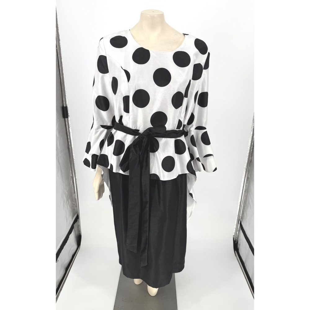EY Boutique Dress 16W Black White Polka Dot Bell Sleeve High Low Belted Plus